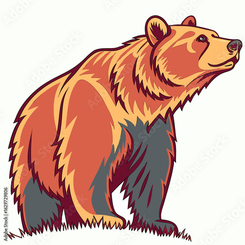 Illustration of a grizzly bear standing on grass, isolated on white background