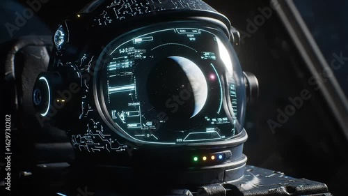 Astronaut helmet reflecting a distant planet, with a futuristic cockpit illuminated in space