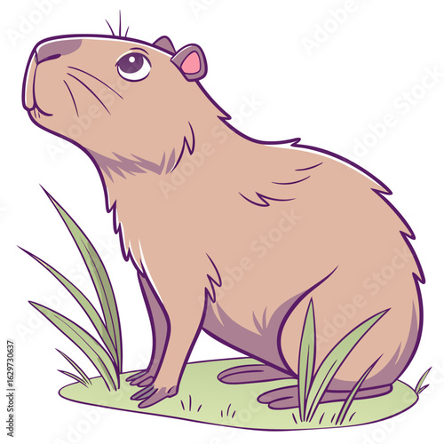 Cute capybara sitting in grass, a friendly rodent from south america