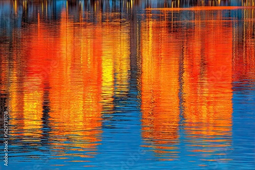 Vibrant reflections of fiery trees on rippled water