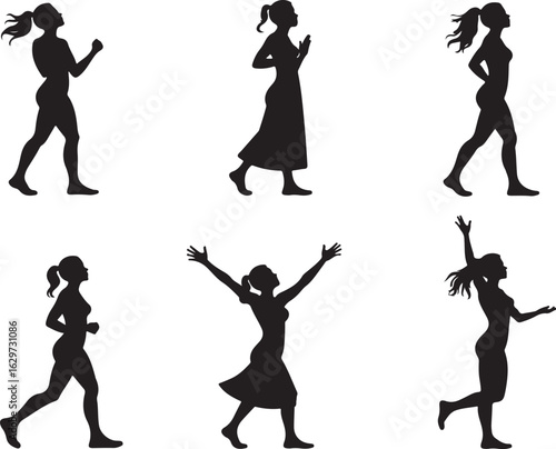 Active women silhouettes show movement, joy, and achievement in various poses