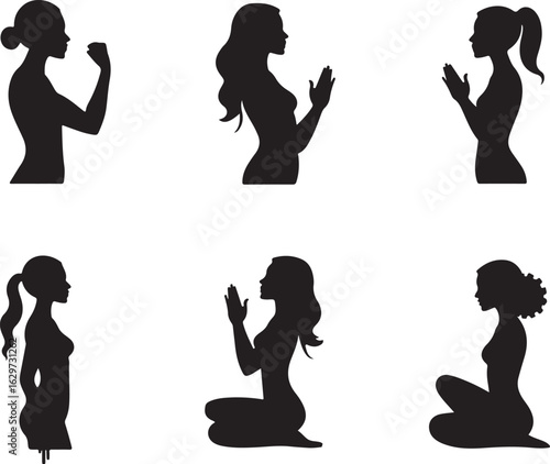 Diverse women silhouettes showing strength, prayer, and contemplation poses