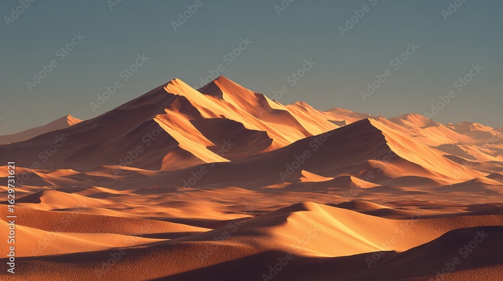 Naklejka premium Golden hour illuminates sharp, angular sand dunes forming a majestic mountain range under a clear, dusky sky