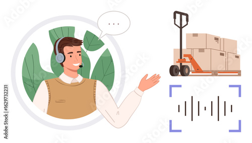 Customer support agent gesturing, headset on, speech bubble, pallet jack with boxes, soundwave icon. Ideal for logistics, delivery management, customer service, technology voice communication