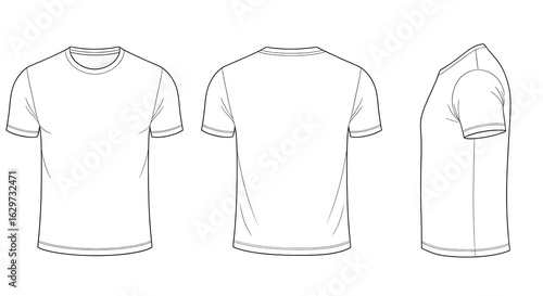 Three views of a blank white t shirt outline front back and side design