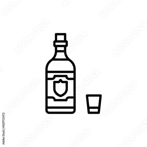 Simple line art icon of a liquor bottle and shot glass