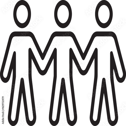 Three stylized stick figures linked together symbolizing unity, teamwork, and connection, perfect for corporate branding or community initiatives
