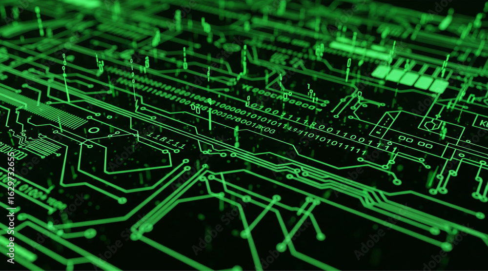 Obraz premium Green illuminated circuit board background with glowing lines and binary code, representing technology, data, AI, and digital innovation.