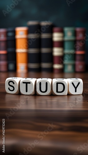 The word study spelled out with letter cubes on a dark wooden table with a row of classic vintage library books blurred in the background, representing education and learning