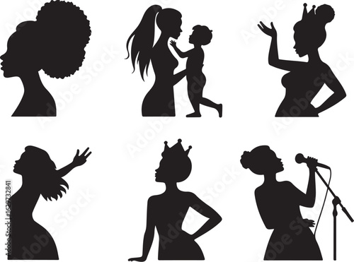 Diverse women silhouettes showcase empowerment, motherhood, and performance