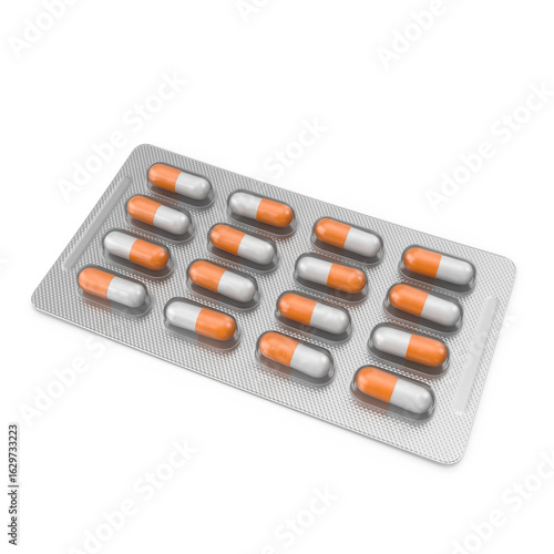 Blister Pack of Orange and White Capsules Isolated on Transparent Background

