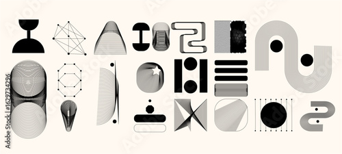 Abstract minimal element mid century vector set. Aesthetic contemporary stripe line art, geometric shape in monochrome. Art form design for wall art, decoration,