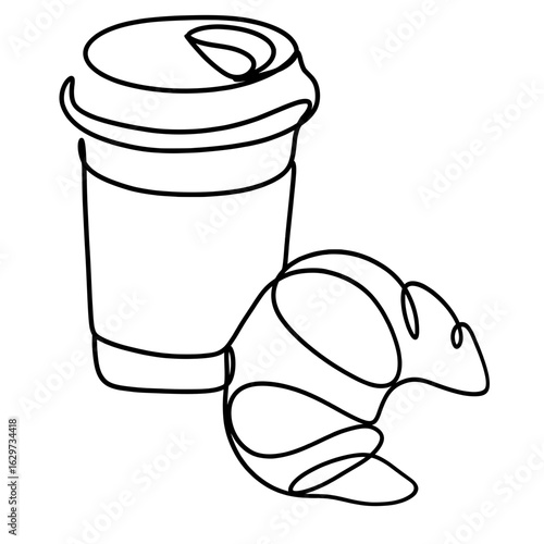  Takeaway coffee with croissant one line art drawing 
