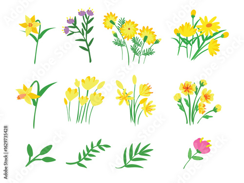 Bright Summer and Spring Flower Collection with Greenery Elements