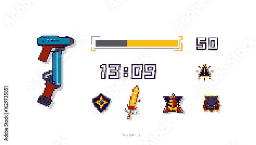 Pixel Art Game HUD with Weapons and Timers