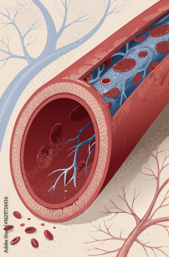 Human blood vessel illustration with red blood cells