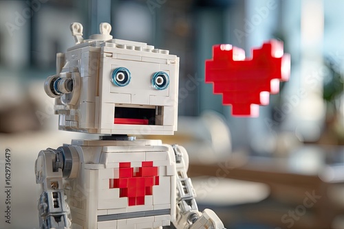 A white robot with a red pixel heart, appearing to express affection