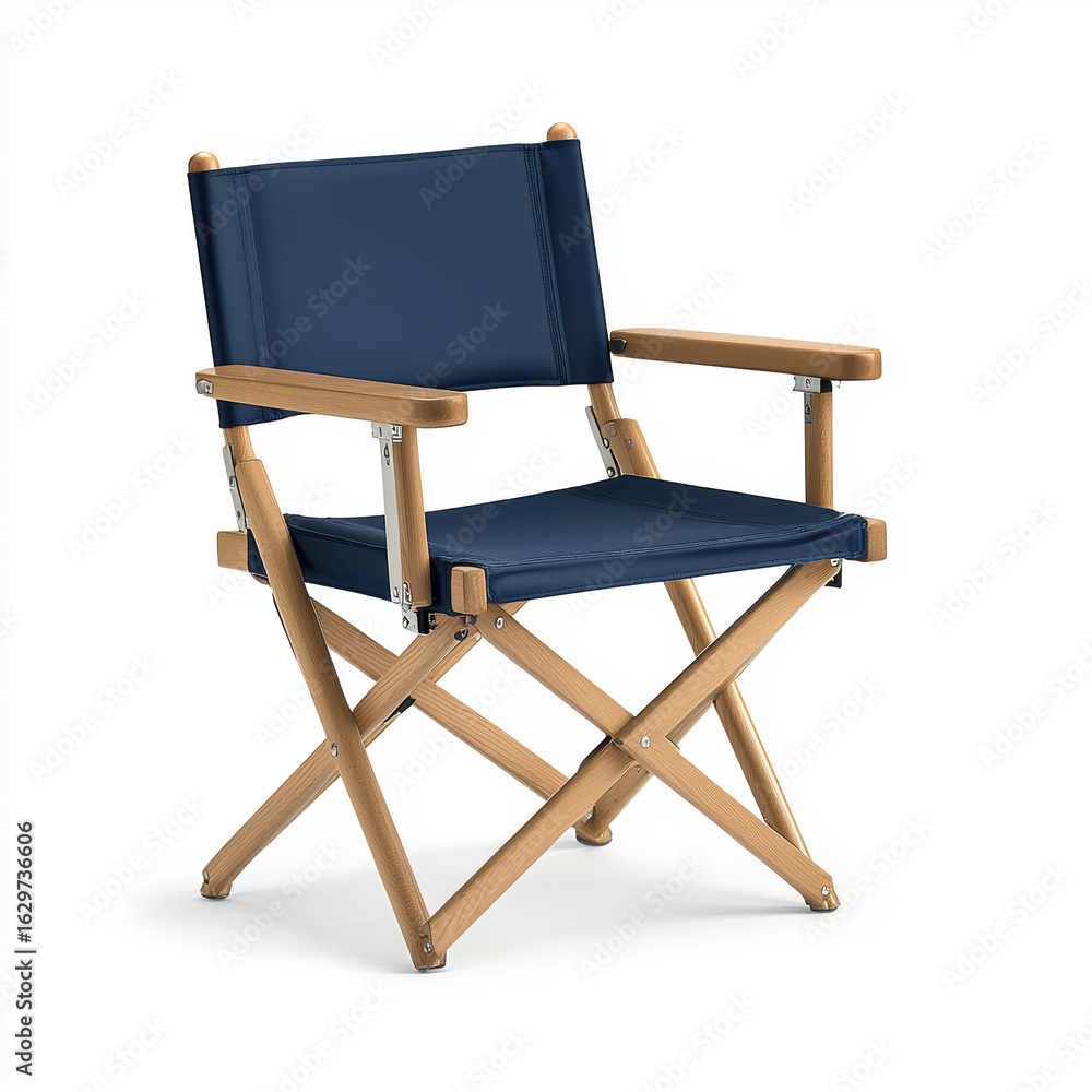 Fototapeta premium Stylish wooden director chair with navy blue fabric seat and backrest, featuring foldable design for portability and functionality