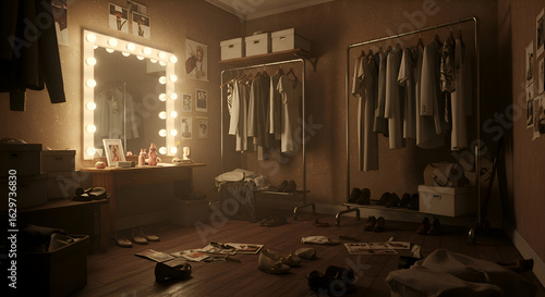 A female fashion model's dressing room with scattered clothing and shoes, showcasing a vintage, dimly lit setting. She is preparing for a fashion show, with clothes hanging and on the floor.