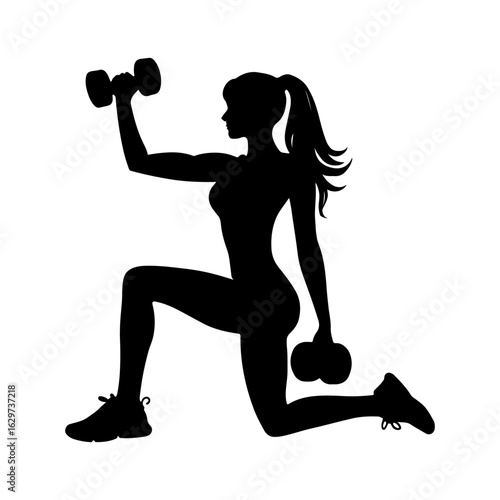 Lunge pose with dumbbells silhouette icon vector flat illustration on white background.