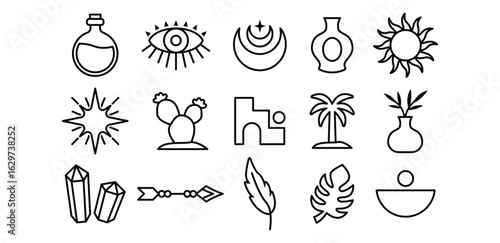Simple Line Boho Icon Set Featuring Sun Eye Moon and Exotic Plants, Mystical, Magic, Esoteric, Astrology, Crystal Symbol Vector Design Isolatead on White Background