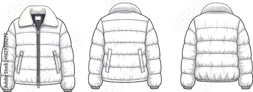  Front, side, and back technical sketch of insulated puffer jacket, fashion flat drawing, winter coat design, outerwear apparel template, vector fashion