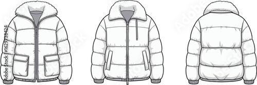 : Vector fashion technical sketch of insulated puffer jacket, front and back view, winter coat design, outerwear apparel flat drawing, hooded jacket.