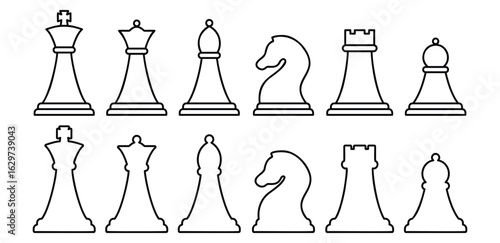 Outlined Chess Piece Icons with King Queen Knight Bishop Rook and Pawn Vector Design on White Background