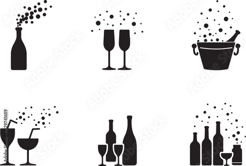 Celebratory drinks and bottles with fizzing bubbles icons