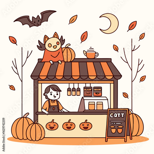 Illustration of a halloween themed coffee stand with pumpkins bat leaves and moon in a cartoon style design