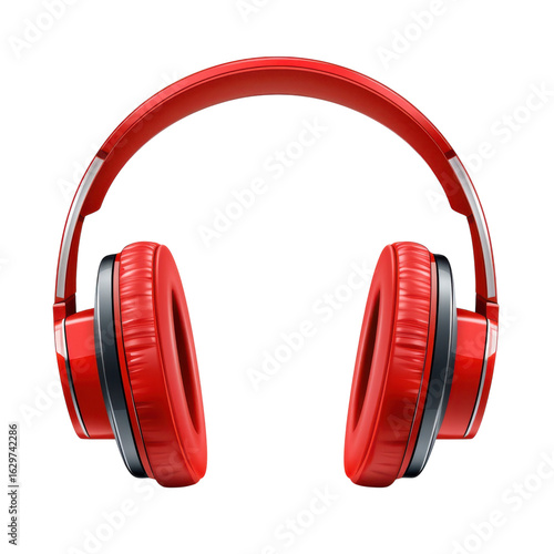 Glossy red headphones for listening to music, audio, and entertainment on transparent background