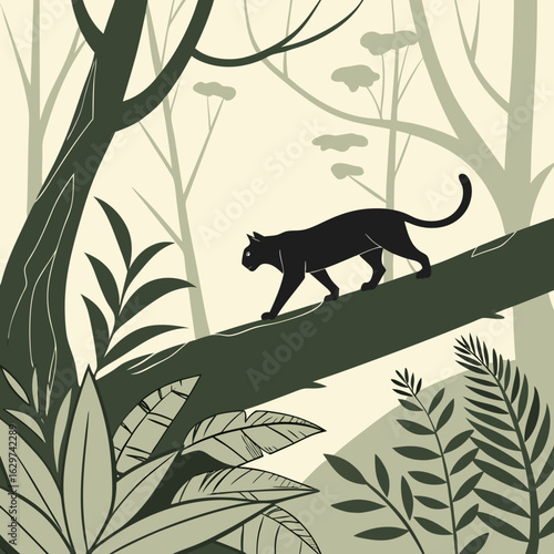 A black panther walking on a fallen tree trunk in a forest with dense foliage and tall trees behind it