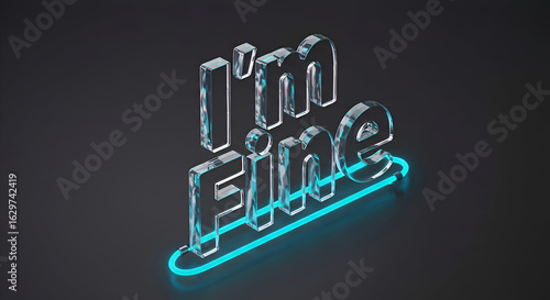 I'm Fine neon sign, transparent acrylic letters, teal neon outline, dark gray background. Modern graphic design displayed in an isolated studio setting.