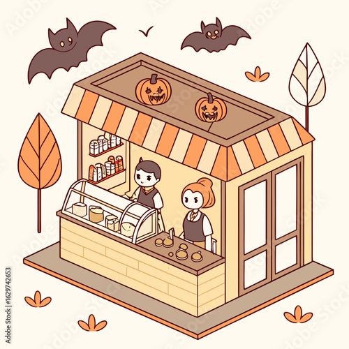 Illustration of a halloween themed coffee stand with pumpkins bat leaves and moon in a cartoon style design