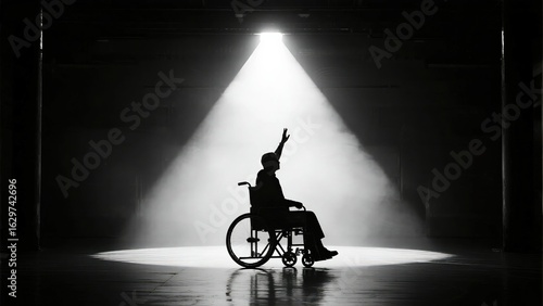 A powerful and dramatic silhouette of a person in a wheelchair, raising their hand in the spotlight on a dark stage, symbolizing hope, courage, and a triumphant moment.