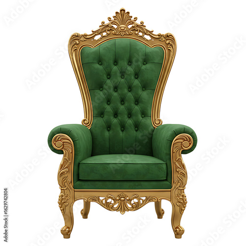 Elegant Green Throne with Golden Frame – Luxury Royal Chair Illustration on Transparent Background