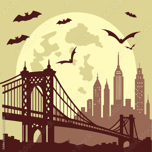 A spooky scene featuring a bridge silhouette with bats flying over a city skyline under a full moon glow