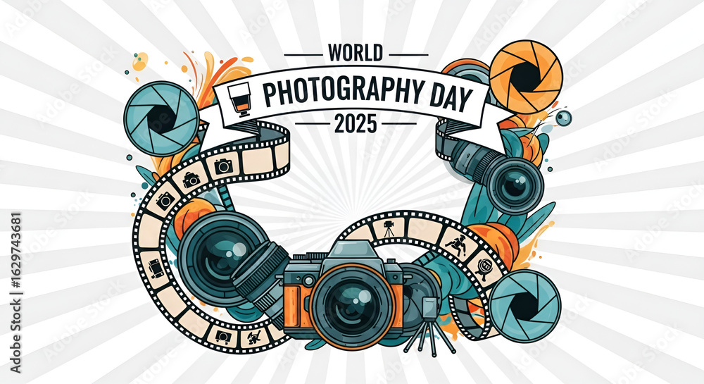 Obraz premium World Photography Day 2025 - Creative Design with Camera Elements