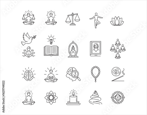 A collection of vector meditation line icons. This set includes icons representing mindfulness, balance, inner peace, self-awareness, group meditation, inner focus, spiritual practice, and additional 