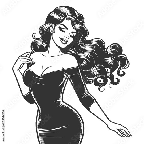 pin-up girl with wavy hair and a confident smile sketch engraving generative ai fictional character vector illustration. Scratch board imitation. Black and white image.