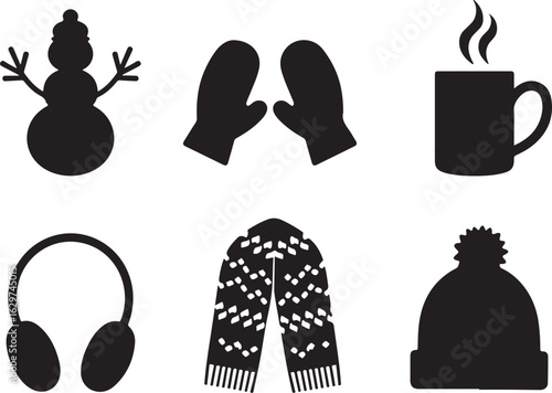 Cozy winter essentials collection hot drink snowman scarf hat mittens
