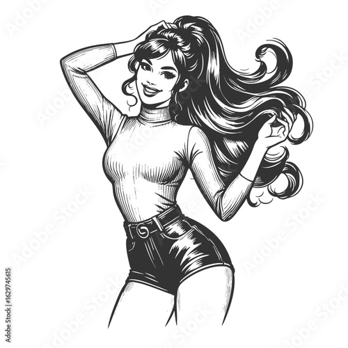 cheerful pin-up girl with long flowing hair, wearing a turtleneck top and shorts sketch engraving generative ai fictional character vector illustration. Scratch board imitation. Black and white image.