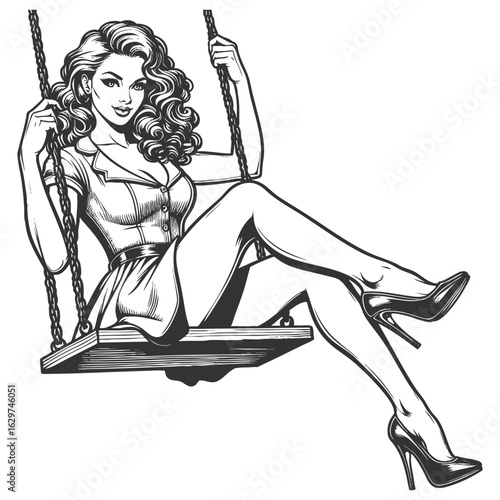 glamorous pin-up girl with voluminous hair, wearing heels and a dress while sitting on a swing sketch engraving generative ai fictional character vector illustration. Scratch board. Black and white.