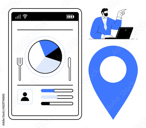 Mobile screen with pie chart, meal icons, user profile, and progress bars. Businessman with laptop and location marker. Ideal for data, food tracking, navigation, analytics user interface