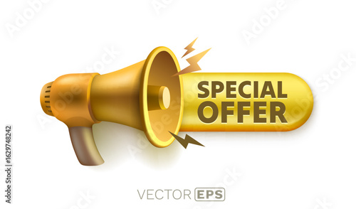 Golden Special Offer, megaphone message sticker. Vector illustration