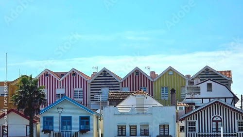 landscape of summer houses in costa nova, aveiro, portugal