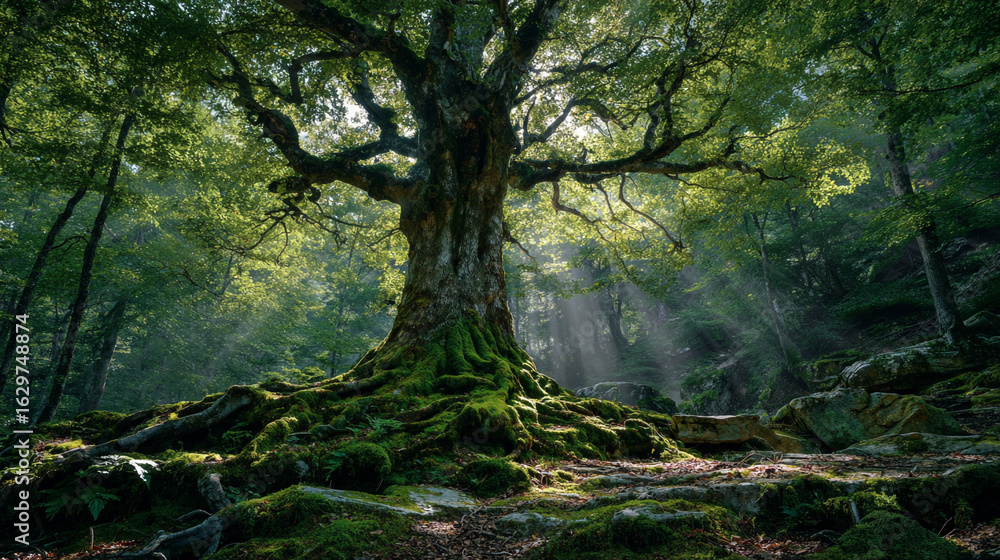 Obraz premium A majestic, ancient tree with mosscovered roots stands in a sundappled forest, with light rays filtering through the canopy