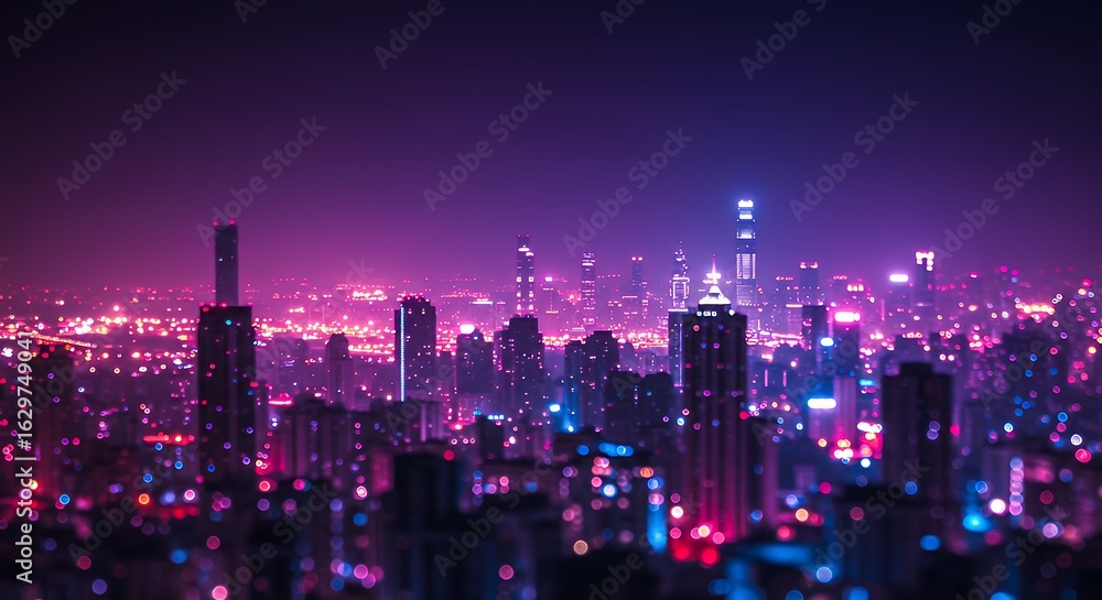Fototapeta premium Night City Skyline with Neon Lights and Tall Skyscrapers in Vibrant Pink and Blue Colors