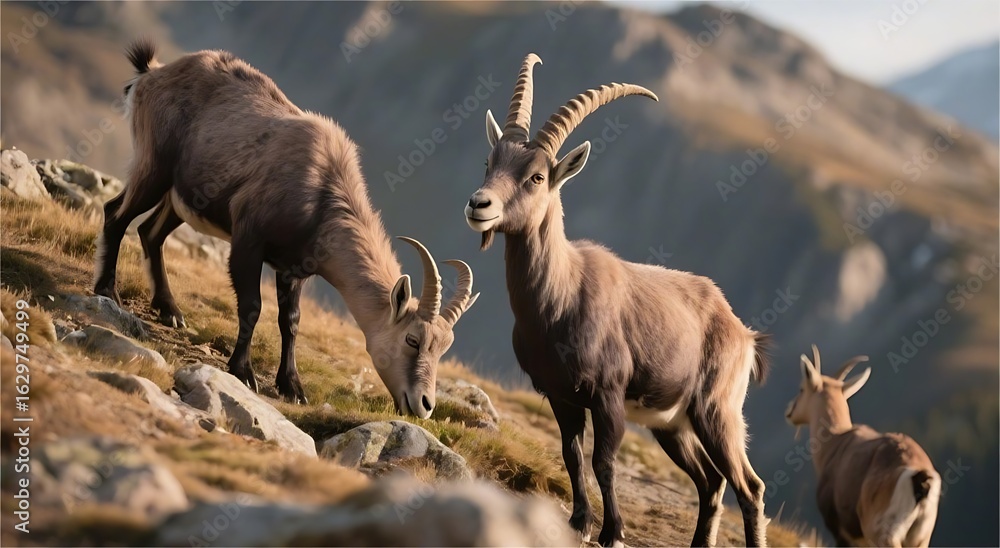 Fototapeta premium Mountain Goats Grazing on Rocky Hillside