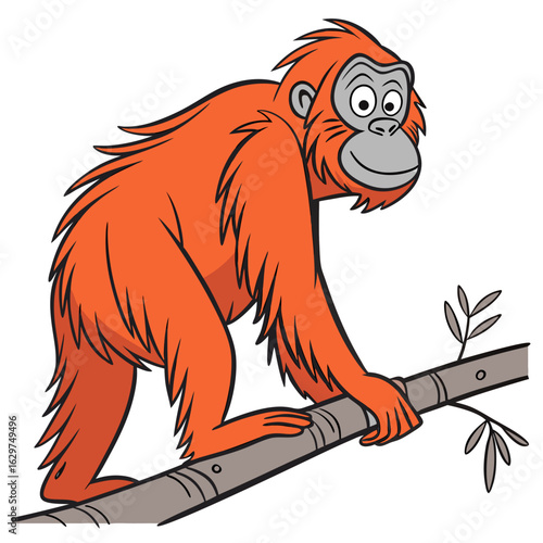 Cartoon orangutan climbing on a tree branch, isolated on white background